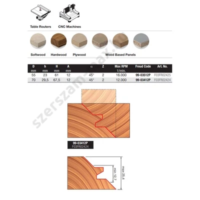 99-FR Pro felsőmaró sarokmaró D:55x23; H:61; A:12; a:45; Z:2