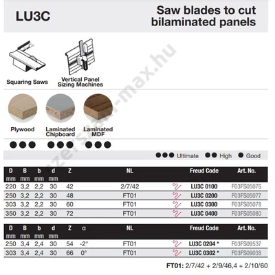 LU3C-Freud lapszabász körfűrészlap (előkarcoló nélkül) D=220-350 mm d=30